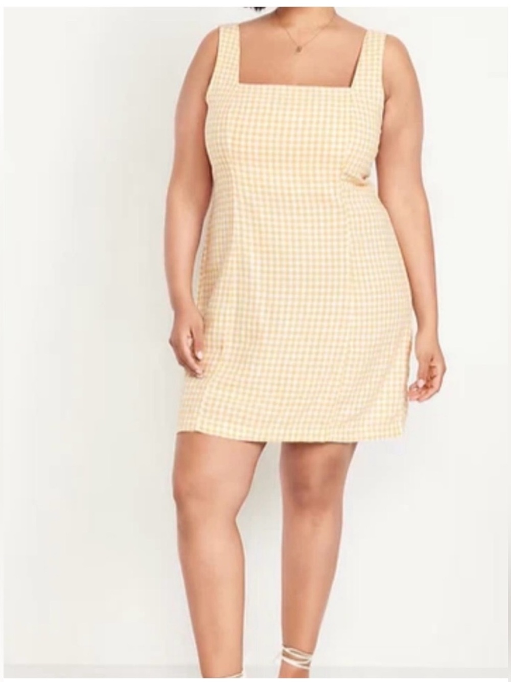 Old Navy Linen Blend Square Neck Smocked Yellow White Gingham Mini Dress Large
